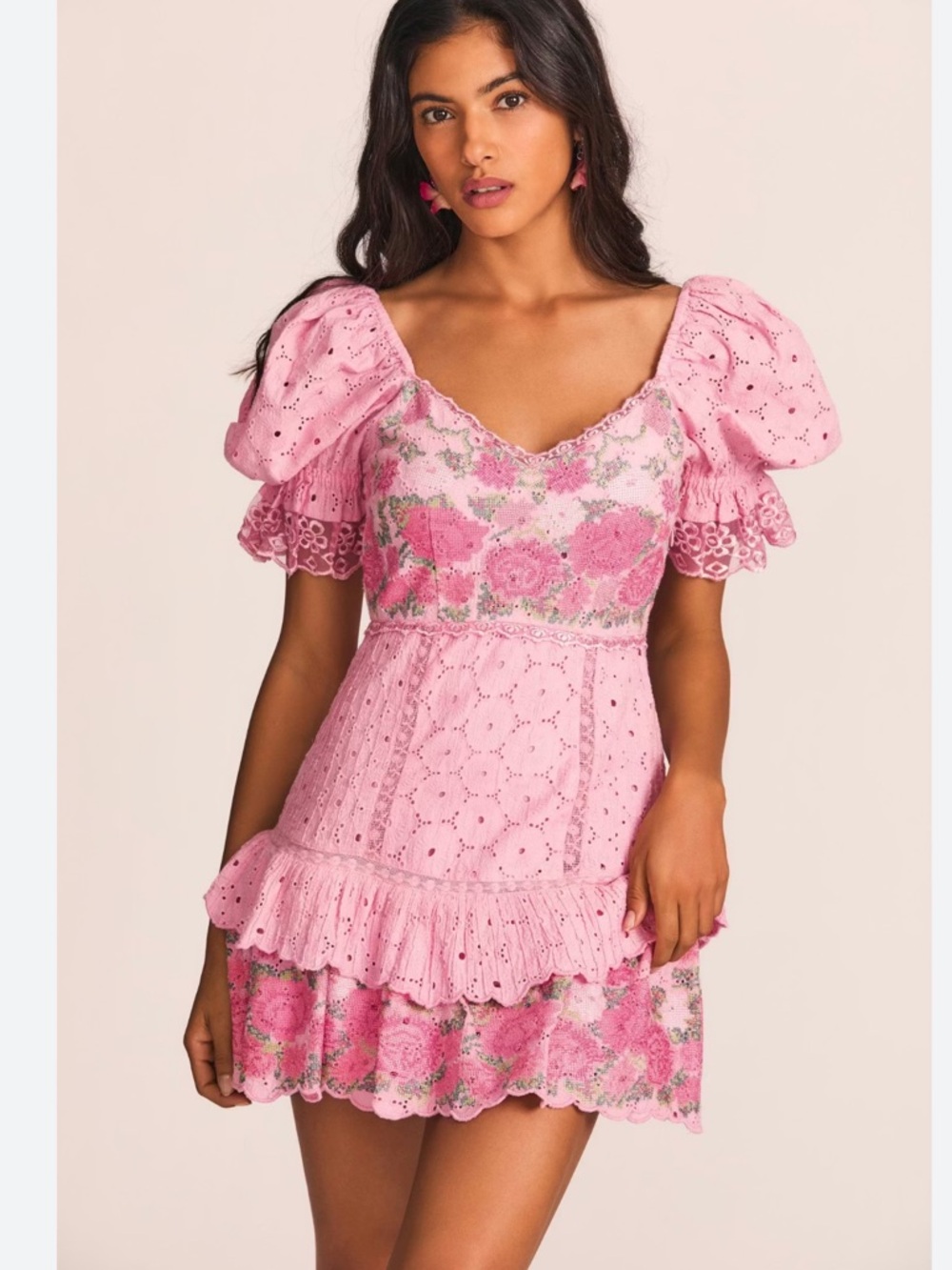 LoveShackFancy Pink Floral Eyelet Mini with Puff Sleeves